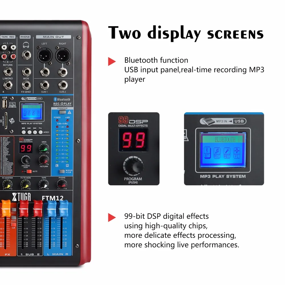 XTUGA FTM12 канала профессиональный звуковой микшер звука встроенный 99-bit DSP цифровой эффект с записываемый функция MP3 Распознавание отпечатков пальцев, Bluetooth, USB