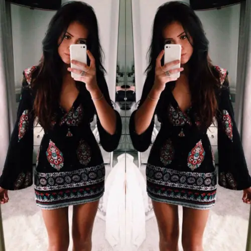 

New Women Sexy Summer Boho Casual Floral V-Neck Flare Long Sleeve Party Evening Party Clubwear Short Mini Dresses