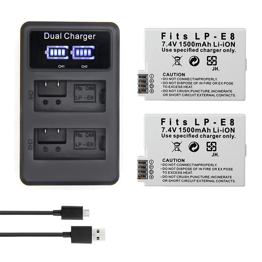 

2pc LP-E8 LP E8 LPE8 Digital Battery + LCD Dual Charger for Canon EOS Rebel T3i T2i T4i T5i 600D 550D 650D 700D Kiss X5 X4 X6 X7