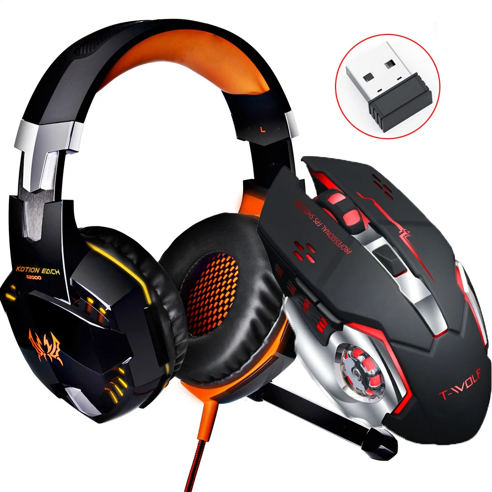 

Gaming Headset 3.5mm Gaming Headphones Earphone Games Head phone with Mic+2.4GH 6D Optical 2400DPI Wireless PC Gaming Mouse