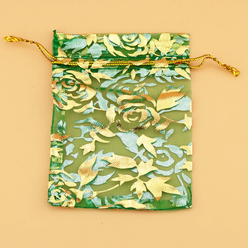 100pcs/lot Dark Green Organza Bag 9x12cm Small Rose Design Jewelry Pouches Cute Wedding Candy