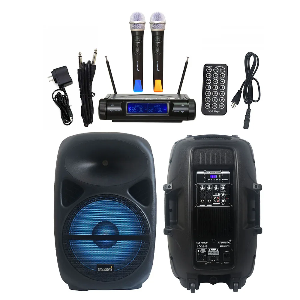 

STARAUDIO 2500W PA Powered 15" Active Audio Speaker LED Light Speaker Dual Channel UHF Wireless Handheld Microphone SCS-15RGB