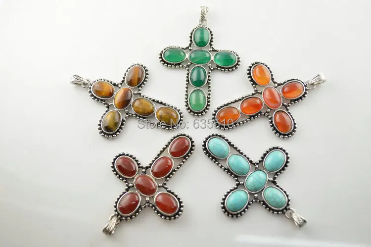 

1pc Natural stone oval Cabochon Paved Cross Charm Pendant fit Fashion jewelry making Free shipping