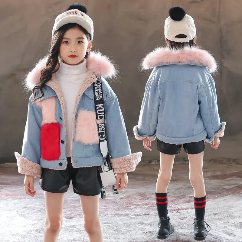 

Girls denim jacket 2018 autumn and winter new children's clothing girls lamb hair stitching thick warm jacket for girl