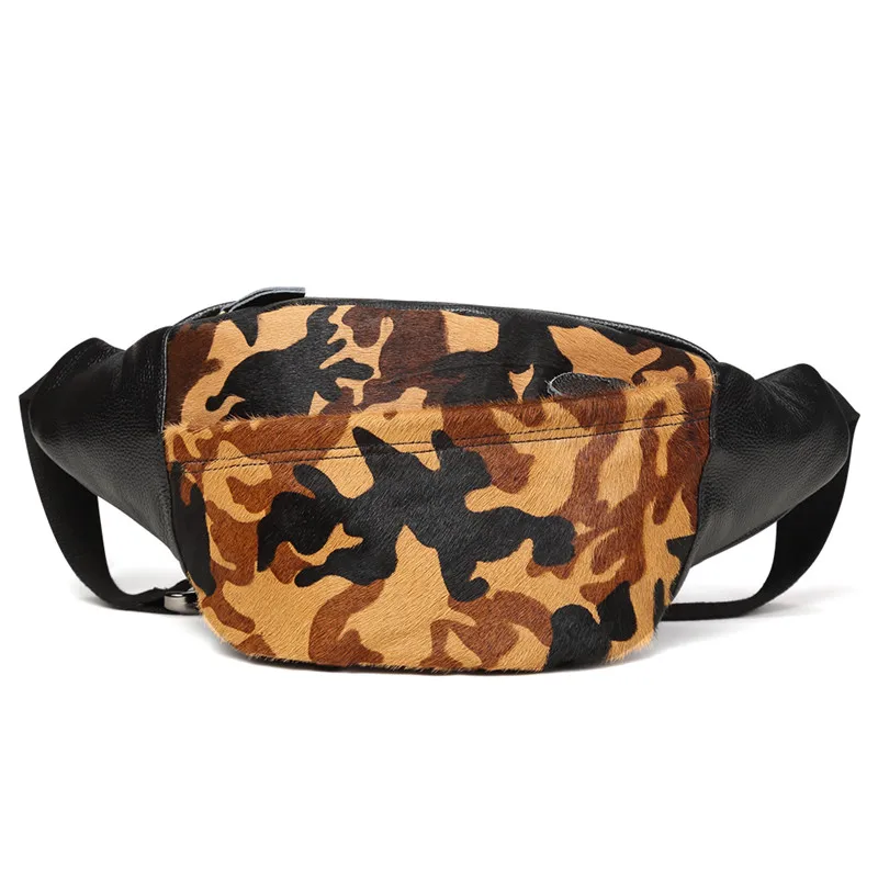 

Nesitu Vintage Camouflage Color Genuine Leather Men Waist Bag Horse Hide with Horsehair Chest Bags Man Messenger Bag M6381