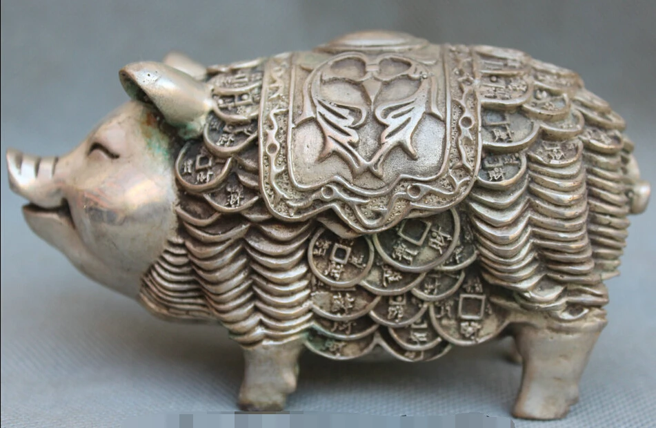

6" China Chinese Fengshui Miao Silver Wealth riches Zodiac Year Pig Fu Statue R R0710