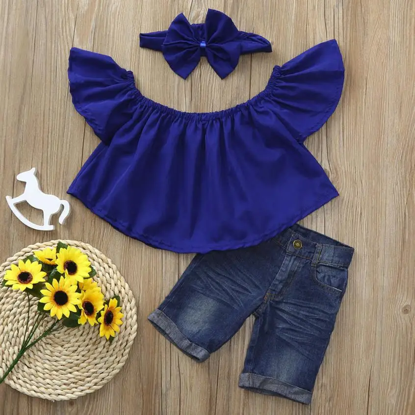 3Pcs Toddler Baby Kids Girls Off shoulder Crop Tops+Denim Jean+Headband Clothes