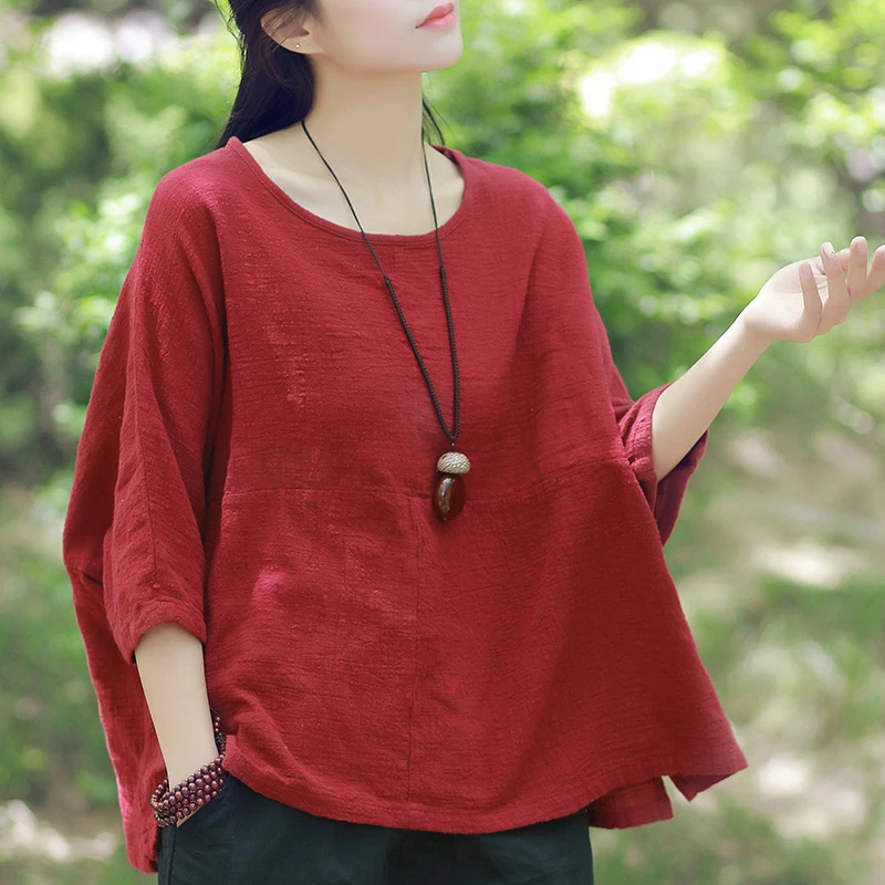 

Johnature Women T-Shirts Casual Tops 2019 Summer New Cotton Linen 4 Colour Short Sleeve O-Neck Loose Vintage Plus Size T-Shirts