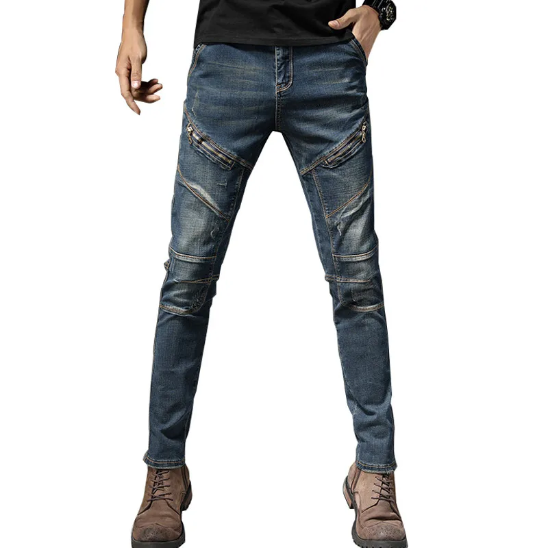 

MORUANCLE Mens Casual Tactical Jeans Pants Stretch Straight Denim Trousers For Man With Multi Zipper Washed Vintage Retro