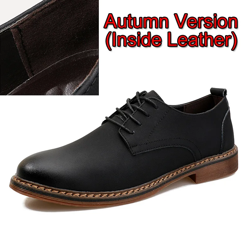 Брендовая модная осенне-зимняя дышащая рабочая обувь; Высококачественная обувь из натуральной кожи; мужские оксфорды на шнуровке; Теплая мужская обувь на меху - Цвет: Black Leather