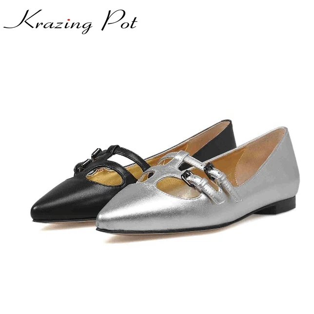

2017 new pointed toe shallow full grain leather big size slip on superstar sweet flats metal women casual cozy summer shoes L1f3