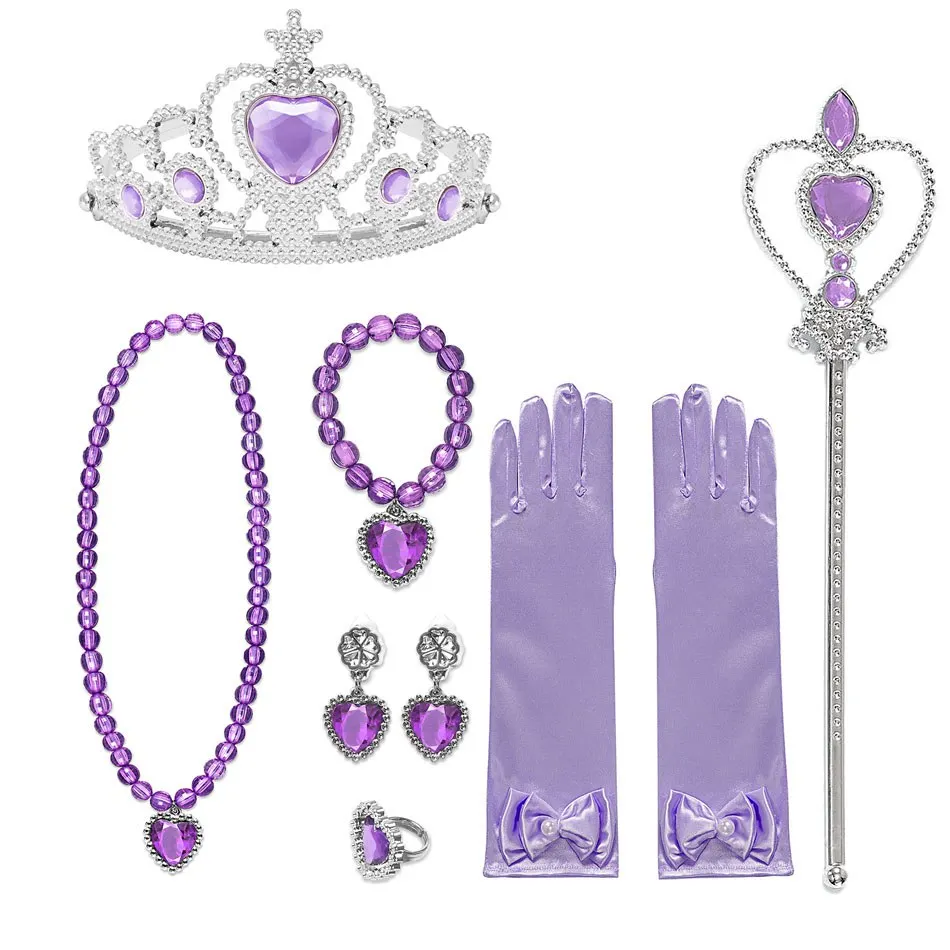 VOGUEON Girls Belle Sofia Elsa Aurora Princess Accessories Magic Wand Crown Necklace Gloves Rings Earrings Set Children Dress UP