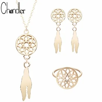 Chandler Brand Silver Gold Color Plated Dreamcatch Dream Catcher Necklace/Earring/Ring Bohemian Jewelry Bridal Gift Jewelry Set