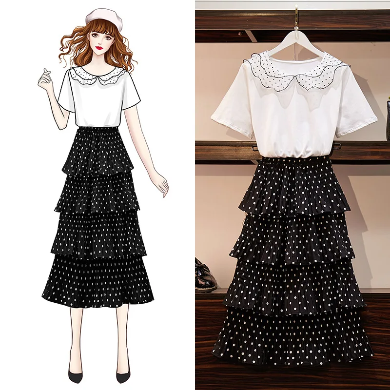

ICHOIX polka dot chiffon skirt set casual two piece skirt sets sweet doll collar 2 piece sets women summer outfits 2019