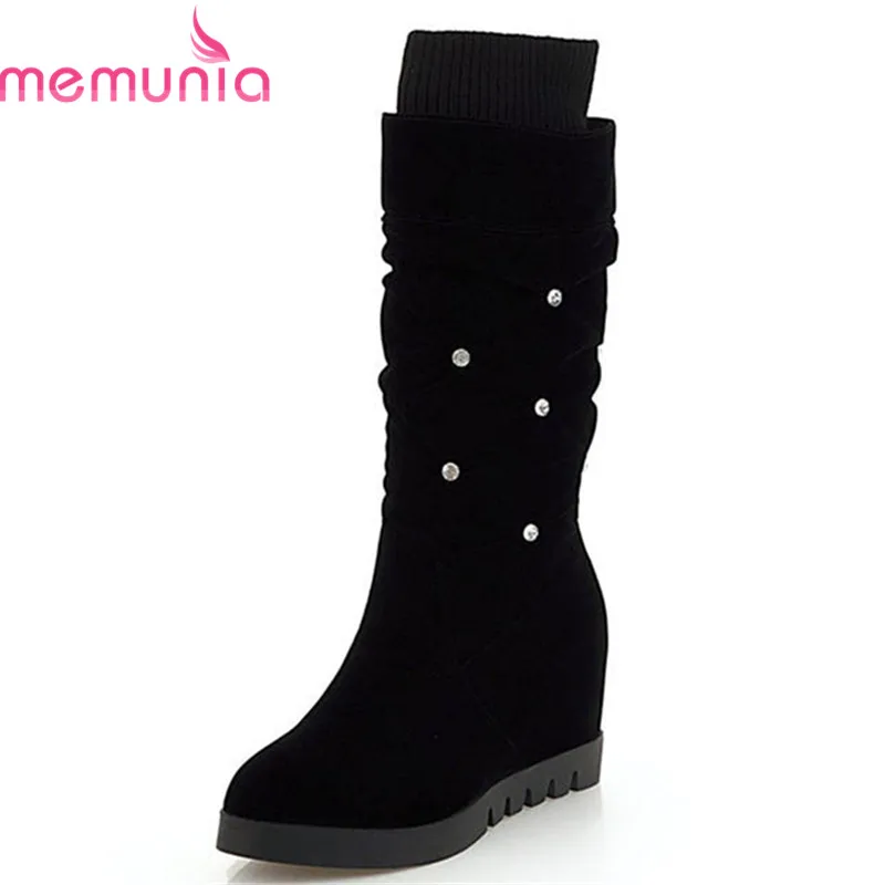 

MEMUNIA 2018 new arrival mid calf boots women round toe slip on autumn winter boots crystal elegant wedges shoes woman