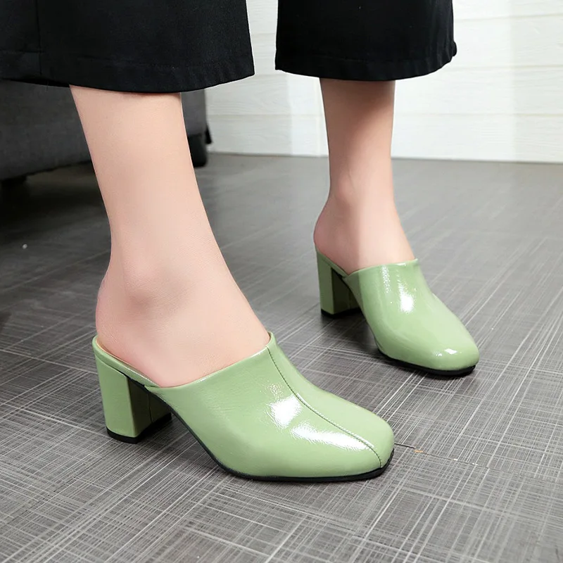 

women sandal h Patent Leather Slides Single cusp shoe loafer Fashion Sweet closed toe slipper 2019 korean style Hoof Heels High