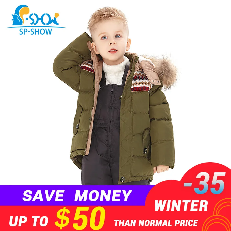 

2019SP-SHOW Winter Children Boys And Girls Ski Suit Jacket Windproof Russian Warm Thick fleece Down Jacket Coat + Trousers 95019