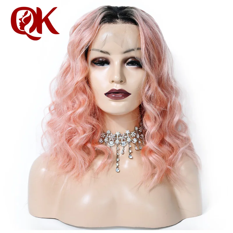 QueenKing волос синтетические волосы на кружеве натуральные волосы парик 180% Плотность 1B розовый OMBRE Боб волнистые предварительно сорвал