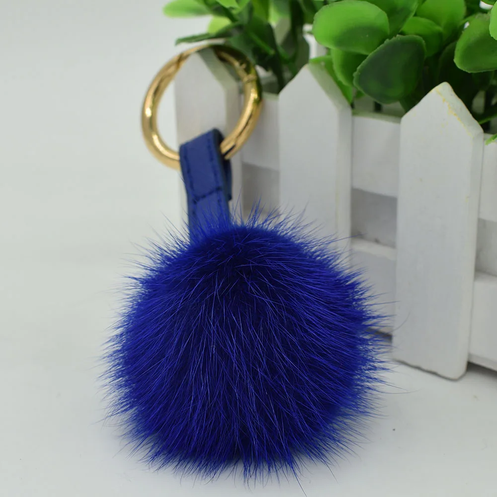 mink fur ball keychain blue