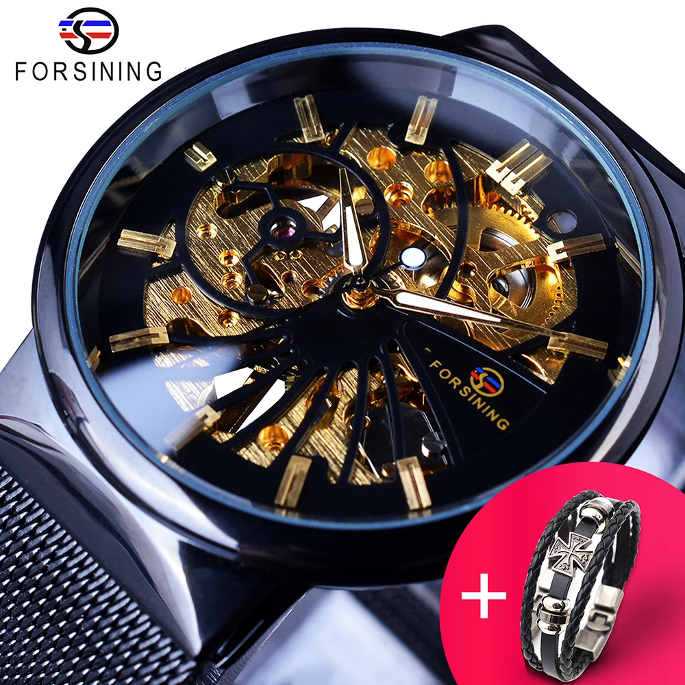 

Forsining Watch +Bracelet Set Combination Ultra-Thin Case Neutral Design Waterproof Men Clock Luxury Skeleton Mechanical Watches