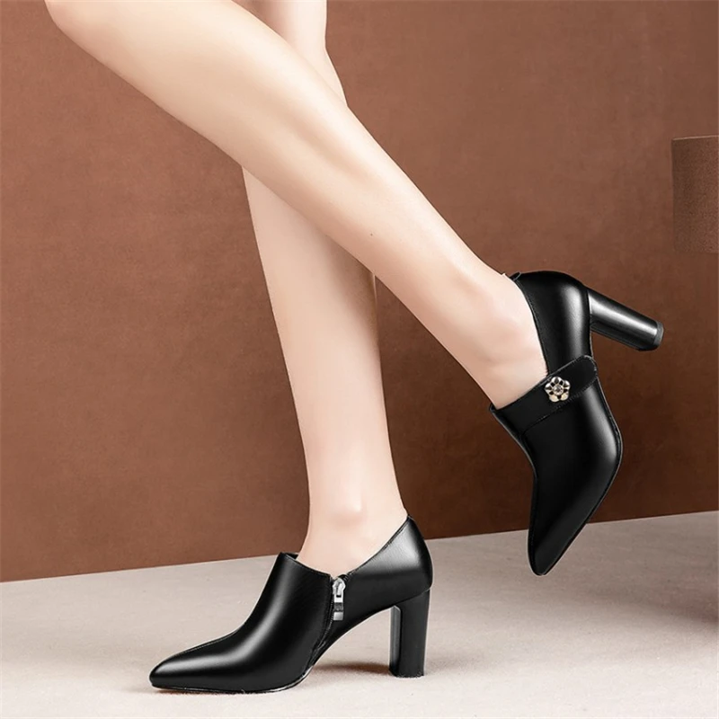 Ouqinvshen Genuine Leather Shoes Women Heels Fashion Sewing Rivet Zipper Thick Heels Yellow Heels Pointed Toe Sexy Ladies Pumps Ouqinvshen Genuine Leather Shoes Women Heels Fashion Sewing Rivet Zipper Thick Heels Yellow Heels Pointed Toe Sexy Ladies Pumps