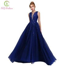 Женское вечернее платье со шлейфом SSYFashion, роскошное элегантное синее платье с кружевной аппликацией для свадебного банкета или выпускного вечера