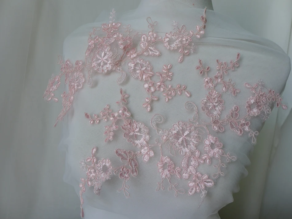

2 Colors Embroidered Floral Alencon Lace Trim, Pink Corded Lace Applique On Mesh, Wedding Dress Trimming Lace, Bridal Gown Lace