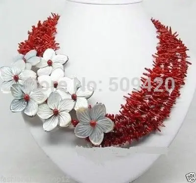 

Wholesale>Charming !!! natural red coral shell flower necklace AA1234