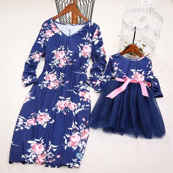 

Family look floral print mother daughter matching dresses mommy and me clothes long sleeve mom mum and baby girls dress outfits