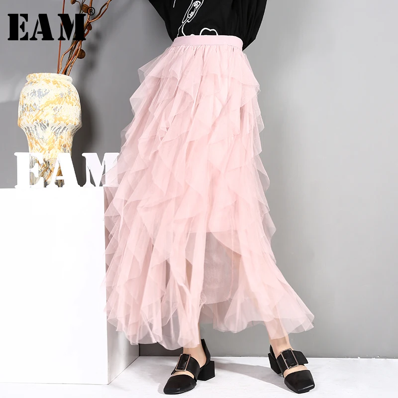 

[EAM] 2019 New Spring Summer High Elastic Waist mesh layers irreguar perspective Half-body Skirt Women Fashion Tide JO477