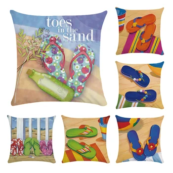 

Fashion Beach Sea Wave Flip Flops Worn Here Slipper Burlap Cushion Cover Pillowcases Sunshine Cushion Tricot Home CR102