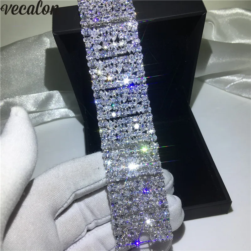 Роскошный Дамский большой браслет Vecalon AAAAA с фианитом покрытый белым золотом