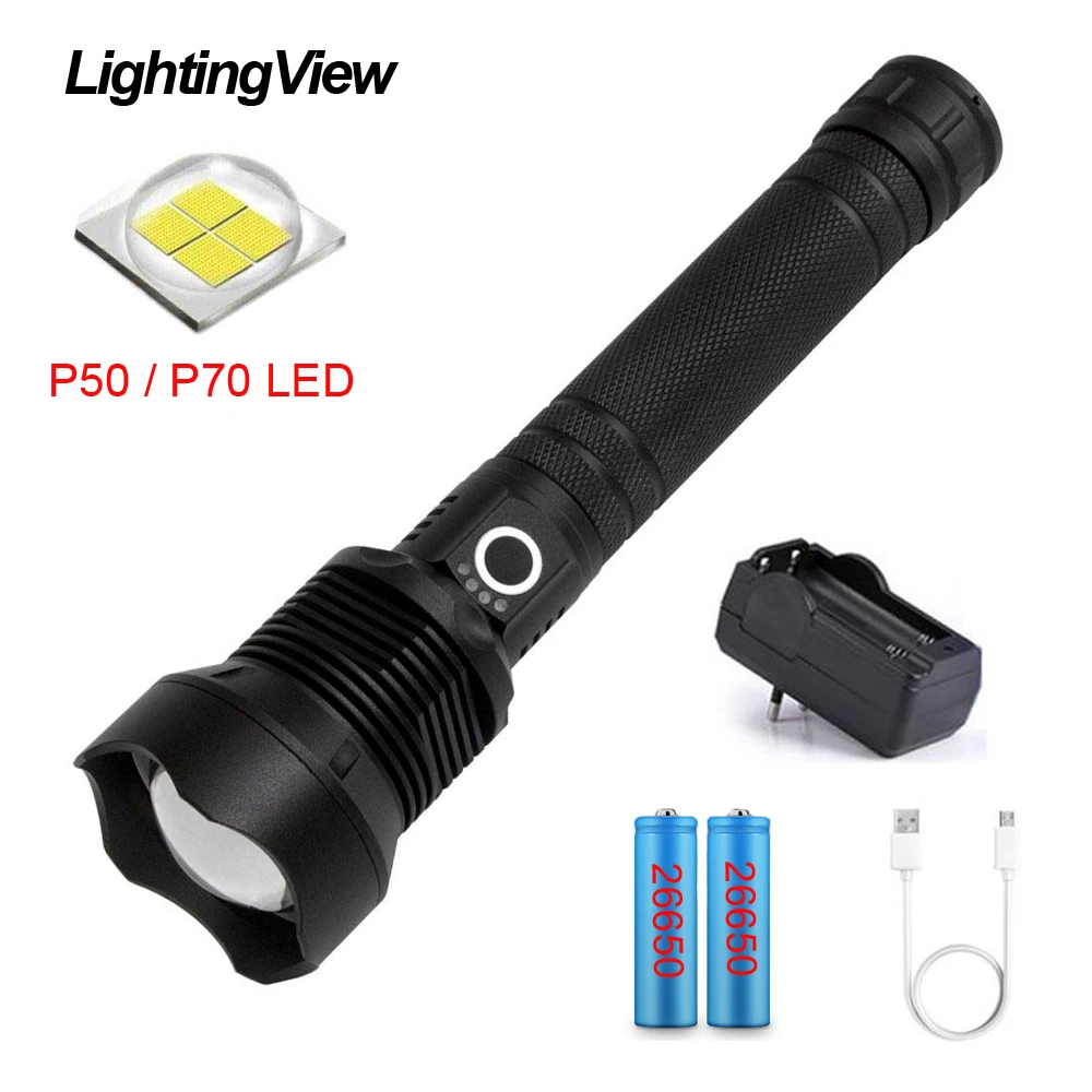 Lightingview P50/70 светодиодный алюминиевый открытый высокомощный бликовый тактический фонарик для пеших прогулок кемпинга 18650 батарея usb зарядка