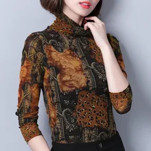 Женская мода Тонкий Водолазка печать плюс бархат толстые теплые под рубашки женские повседневные флисовые Футболки с длинным рукавом Топы