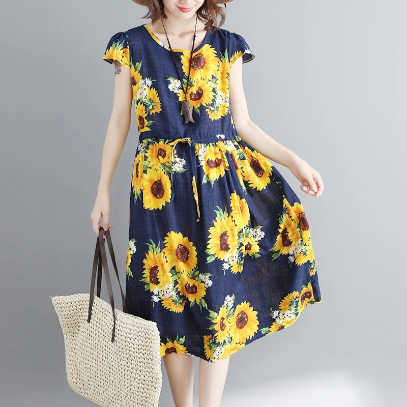 

Sunflower Dress Plus Size Linen Dress Women Summer Boho Floral Dresses 2019 Korean Clothes Loose Vestido Bohemian Long Vintage