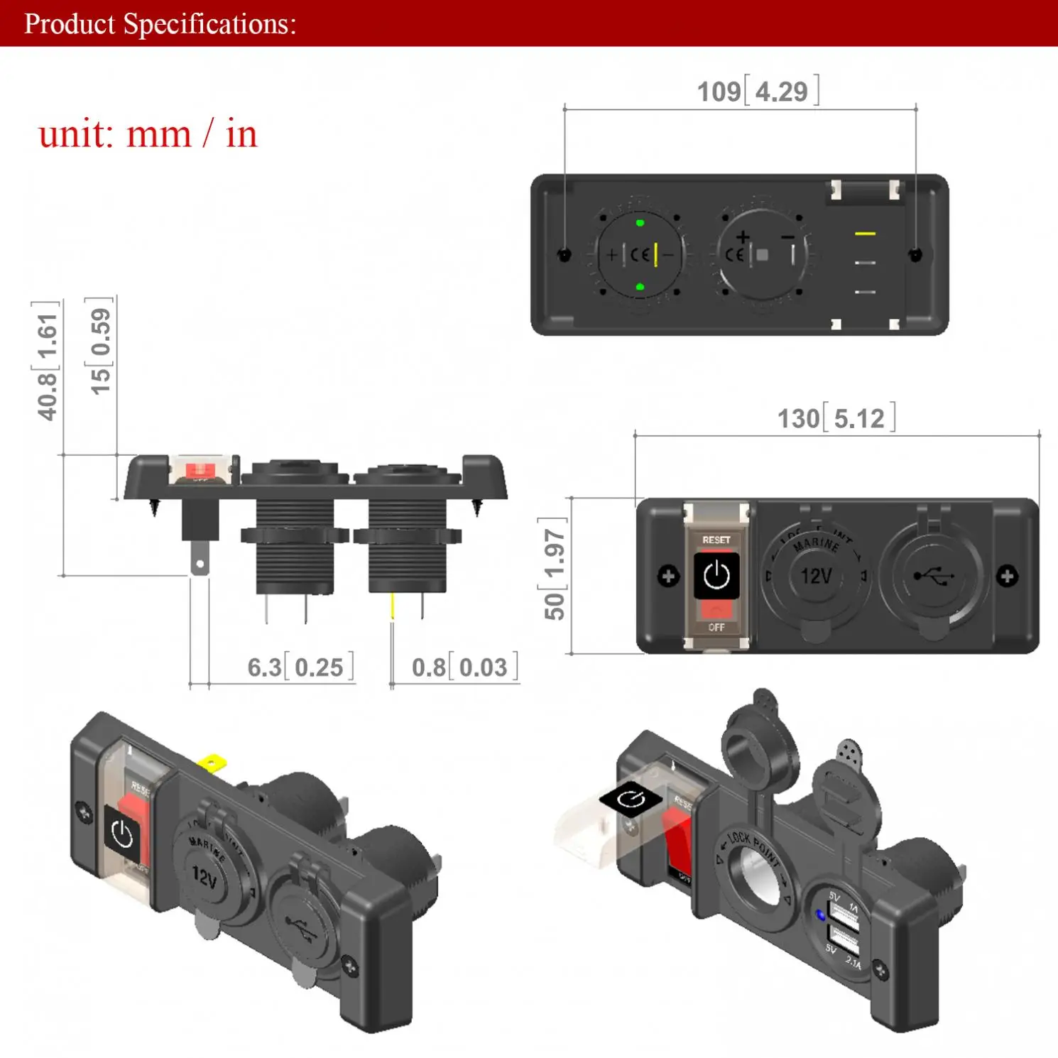 12V IP66 16A устройство для автомобиля с двумя портами USB Зарядное устройство Три Бит Мощность Управление переключатель Панель с прикуривателем и красный светильник
