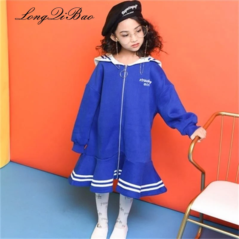 

Baby girl plus velvet sweater dress 2018 winter new big children children white tower college wind long zip dress