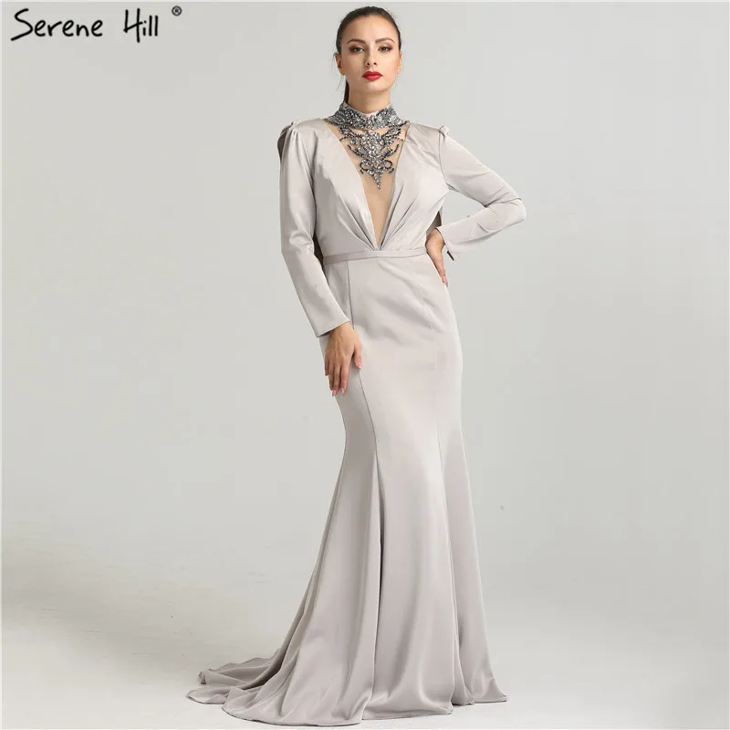 

High Collar Diamond Mermaid Fashion Evening Dresseses Long Sleeves Sexy Elegant Evening Gowns 2019 Serene Hill LA6430