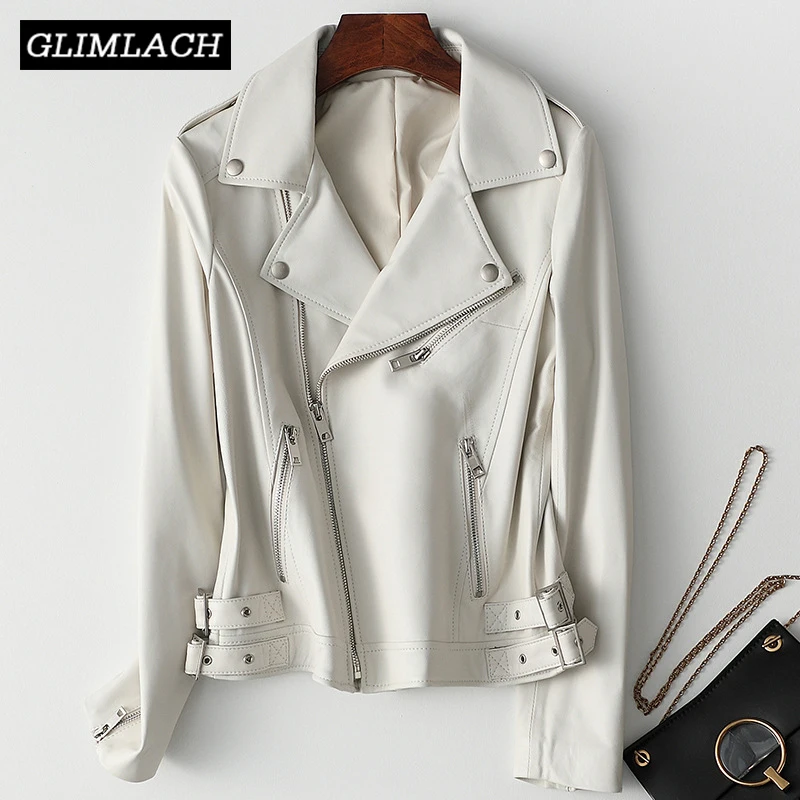 

Women White Real Leather Jacket Long Sleeve Slim Zipper Genuine Leather Coat Ladies Streetwear Sheepskin Casual Harajuku Clothes