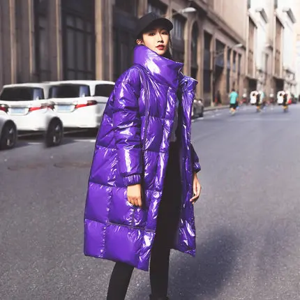 Зимние Модные утепленные пуховые парки с блестками коллекция для молодых девушек, пальто-кокон, длинное пальто из светящейся ткани 7XL - Цвет: Фиолетовый