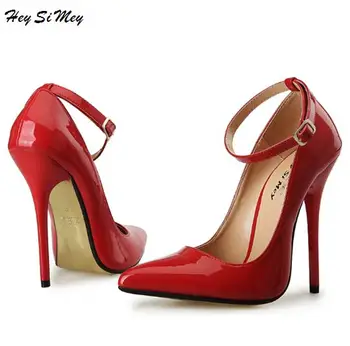 

Shoes Woman Wedding Shoes Genuine 2018 Pumps Singles Spring and Autumn Shoes Thin Heels 13cm Pointed Toe Buckle Strap Plus Size