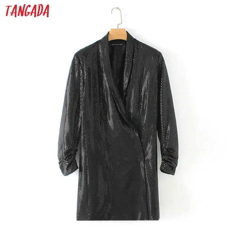 

Tangada women sequined blazer black dress long sleeve female dress sexy lady party mini dresses vestidos YD101