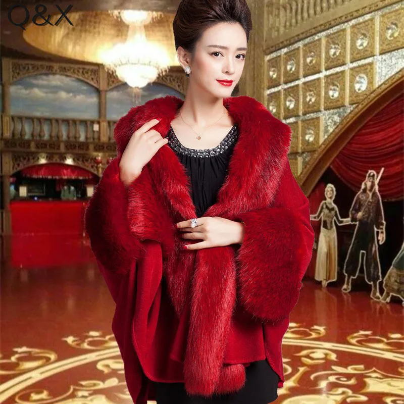 

SC99 2018 Winter Warm Long Sleeves Knitted Faux Fox Fur Poncho Cape Cashmere Shawl Women Imitation Fur European Cardigan Coat