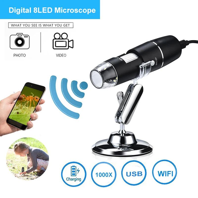 

1000X Magnification USB Digital Microscope Stand Magnifier with 8-LED Light Magnifier for iOS/Android Optical Instrument