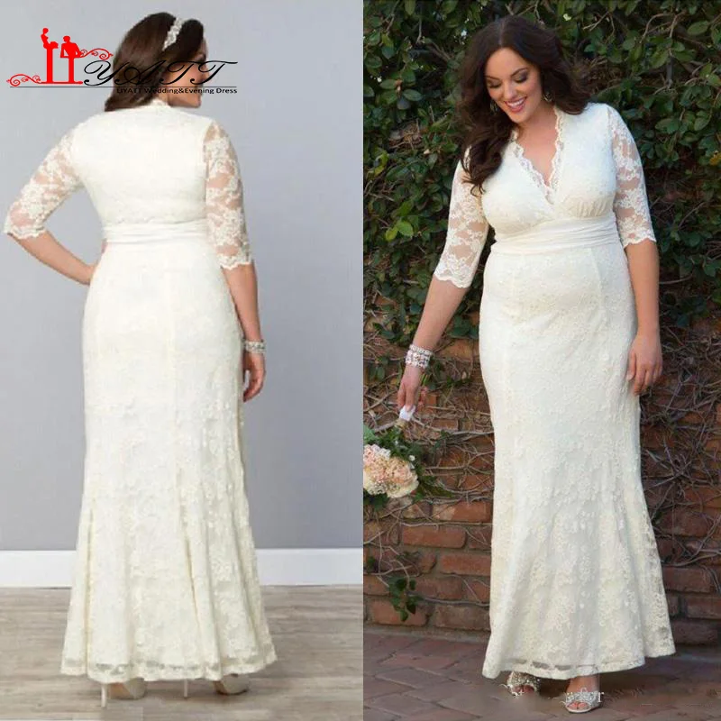 Modest Plus Size Lace Wedding Dresses Sheath Column Vintage Bridal Modest Plus Size Lace Wedding Dresses Sheath Column Vintage Bridal Gowns With Illusion Sleeves V Neck Ankle Length 2017 Summer In From