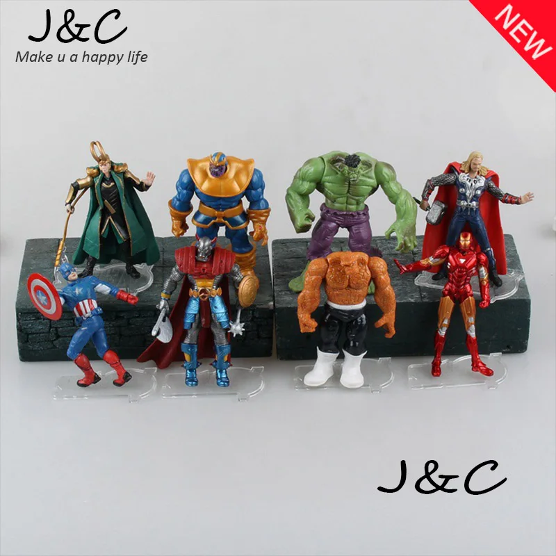 8pcs/set The Avengers Superheroes PVC Action Figures Toys Hulk Loki Thor Captain America Iron Man The Thing Figure Toy 12cm