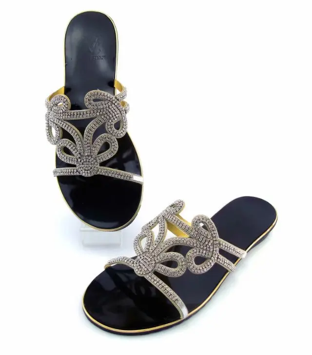 

Good selling silver rhinestone women sandals for african black low heel shoes for dress V28-5