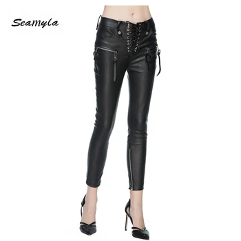 

Seamyla New Fashion Ankle Length Pants Women Sexy Zipper Lace Up Bodycon PU Leather Pant Winter Celebrity Party Pencil Pants