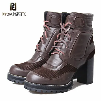 

Prova Perfetto Euramerican New Style Genuine Leather Lace Up High Heel Boots Grace Round Toe Thickness Bottom Women Martin Boots