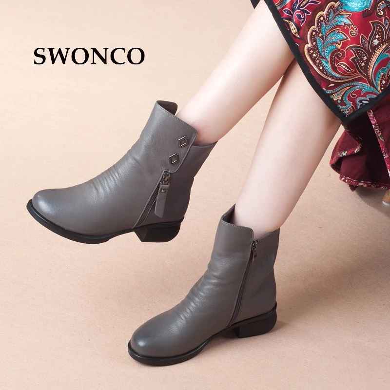 

SWONCO Women's Boots 2018 Autumn Winter Genuine Leather Ladies Boot High Top Ankle Boots For Women With Heel Woman Boot Shoes